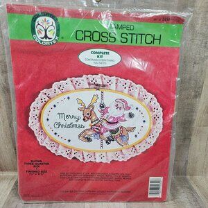 Vintage 1987 Colortex Stamped Cross Stitch Kit Merry Christmas Santa Reindeer